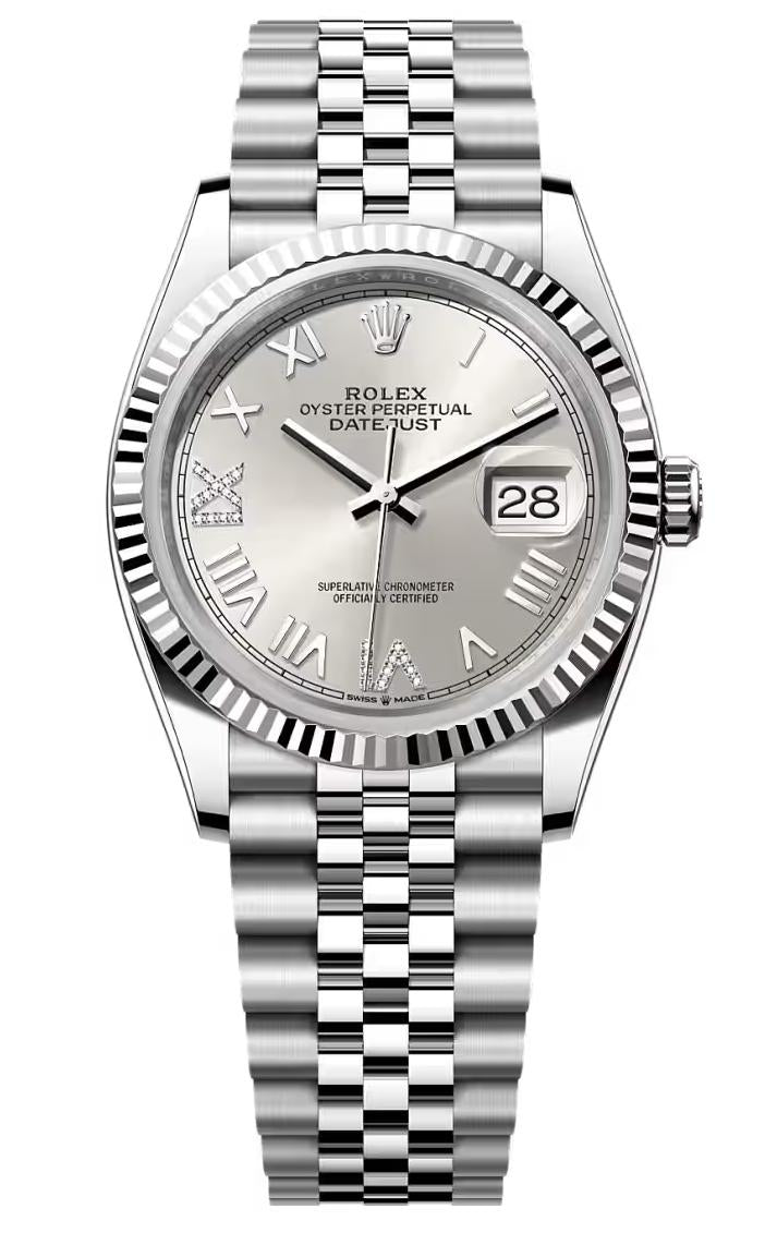Rolex Datejust 36 Silver Roman Diamond Dial Fluted Bezel Jubilee Bracelet 126234