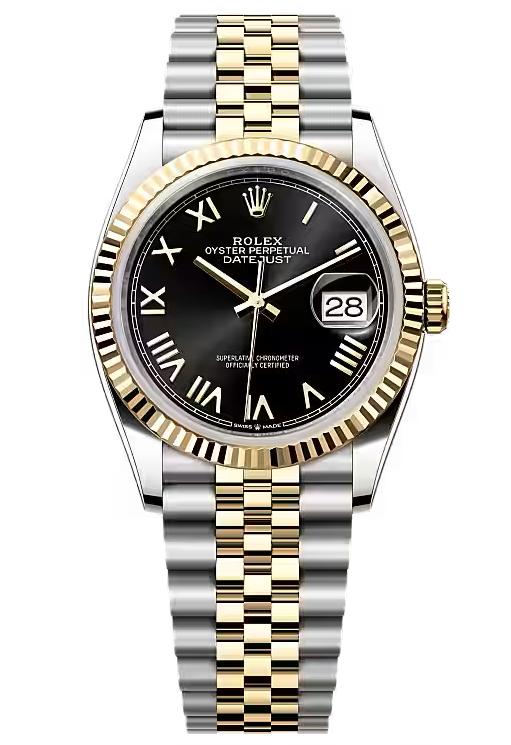 Rolex Datejust 36 Two-Tone Yellow Gold Black Roman Dial Fluted Bezel Jubilee