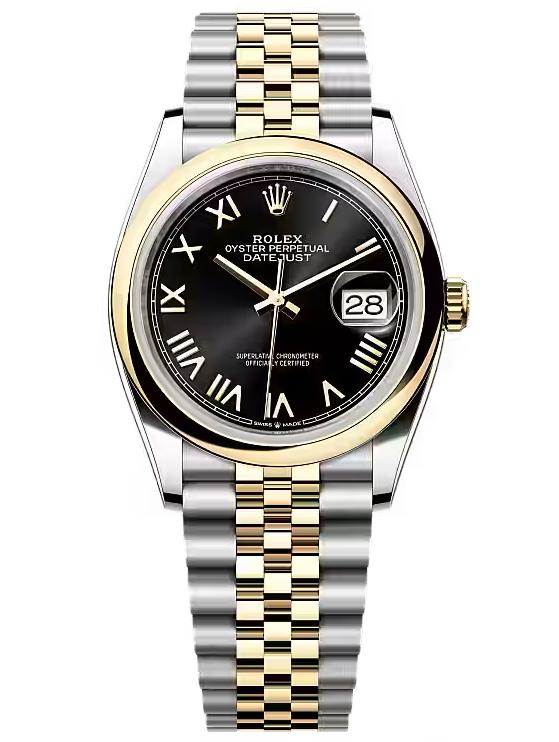 Rolex Datejust 36 Two-Tone Yellow Gold Black Roman Dial Smooth Bezel Jubilee