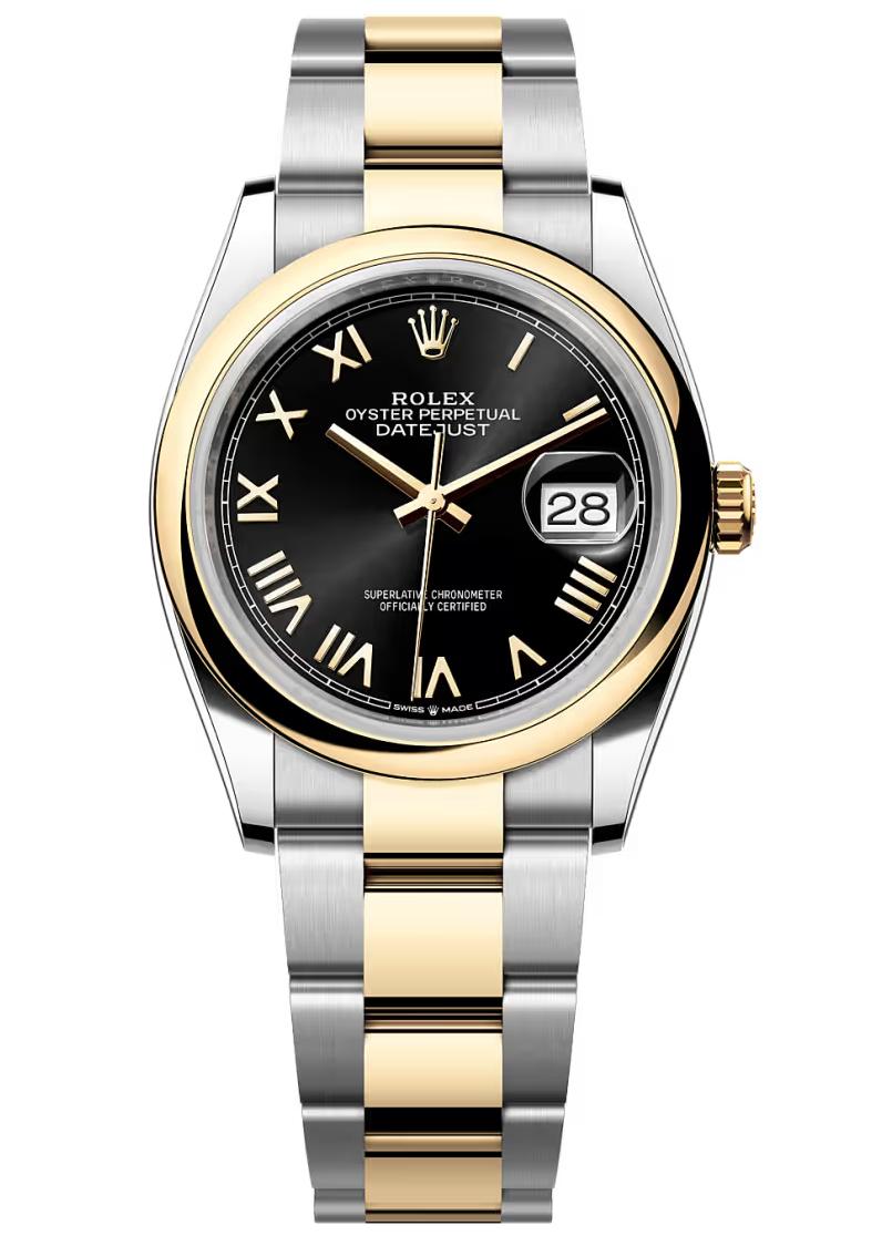 Rolex Datejust 36 Two-Tone Yellow Gold Black Roman Dial Smooth Bezel Oyster
