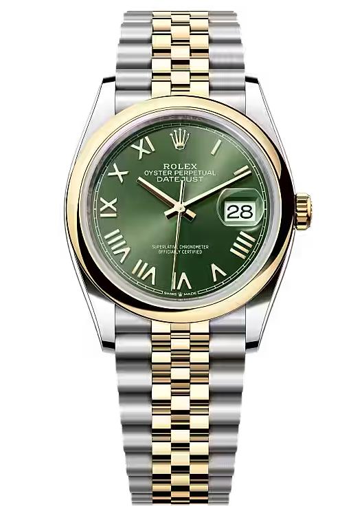 Rolex Datejust 36 Two-Tone Yellow Gold Green Roman Dial Smooth Bezel Jubilee