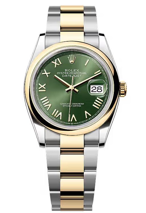Rolex Datejust 36 Two-Tone Yellow Gold Green Roman Dial Smooth Bezel Oyster