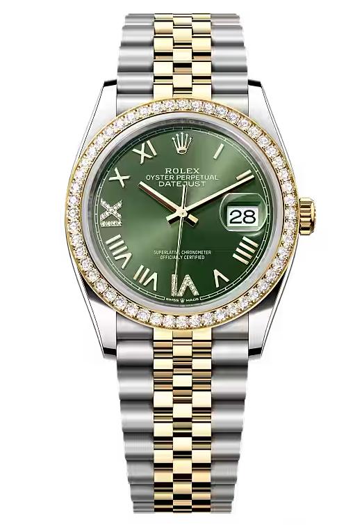 Rolex Datejust 36 Two-Tone Yellow Gold Green Roman Dial Diamond Bezel Jubilee