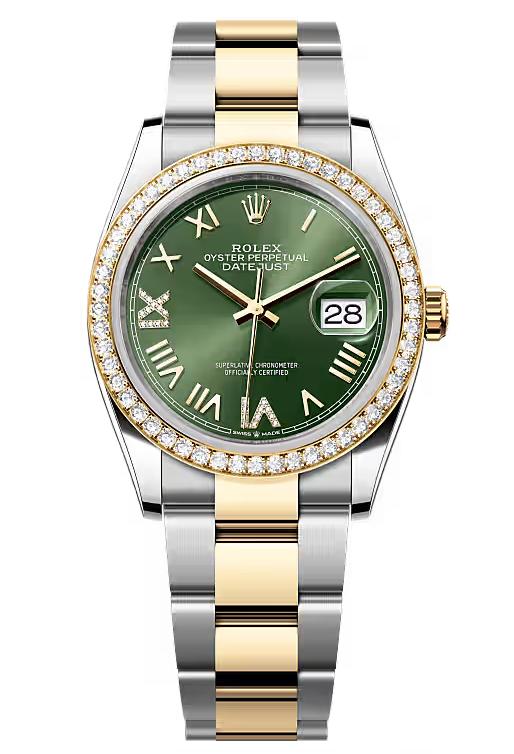 Rolex Datejust 36 Two-Tone Yellow Gold Green Roman Diamond Dial Diamond