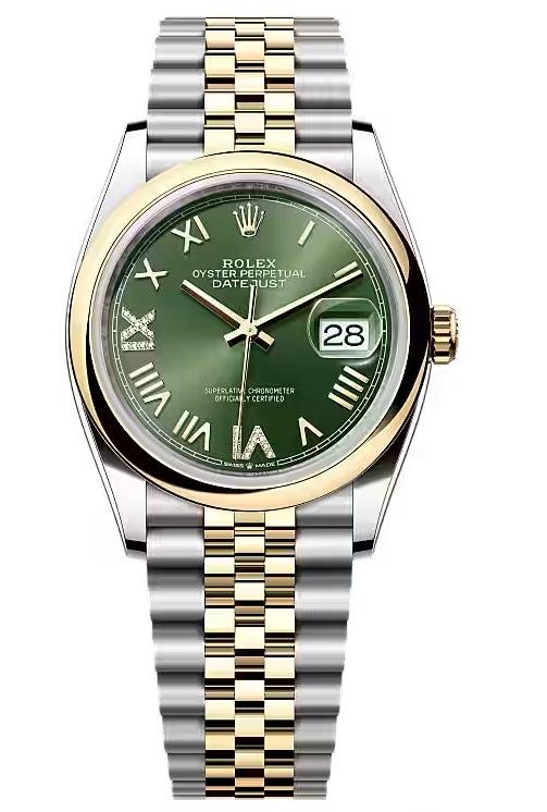 Rolex Datejust 36 Two-Tone Yellow Gold Olive Green Roman Diamond Dial Smooth