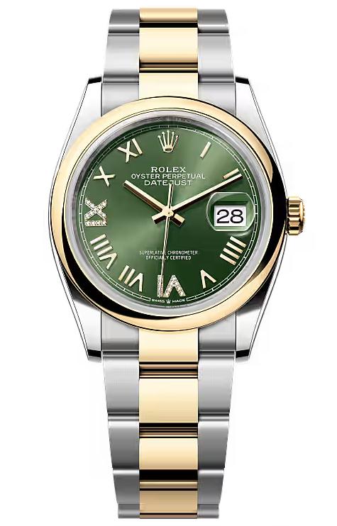 Rolex Datejust 36 Two-Tone Yellow Gold Olive Green Roman Diamond Dial Smooth