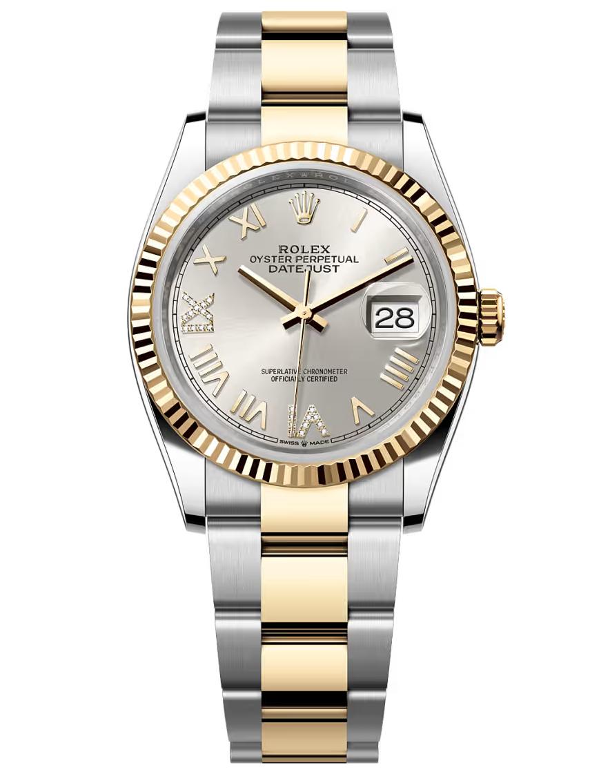 Rolex Datejust 36 Two-Tone Yellow Gold Silver Roman Diamond Dial Fluted Bezel