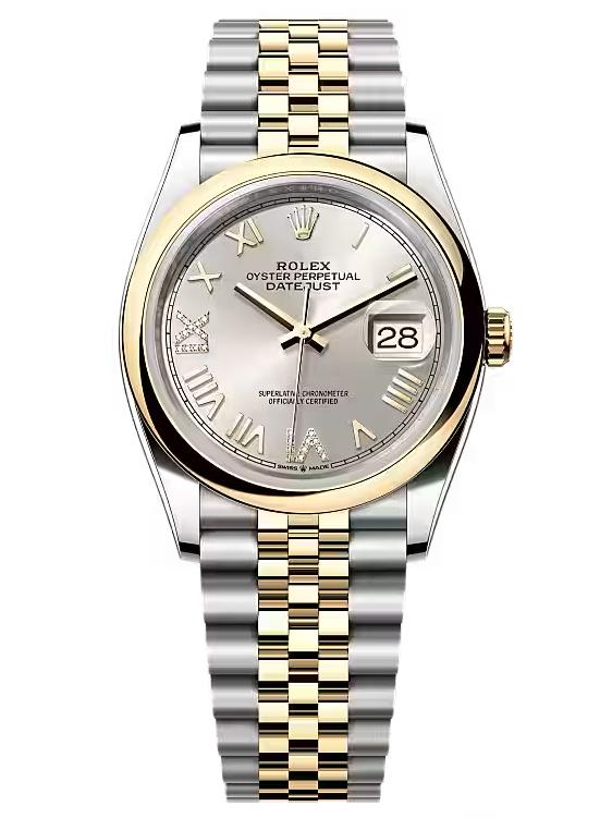 Rolex Datejust 36 Two-Tone Yellow Gold Silver Roman Diamond Dial Smooth