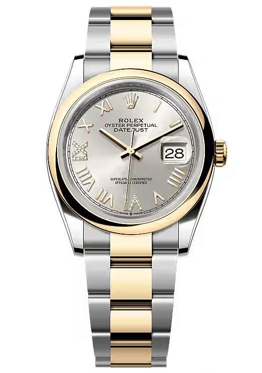 Rolex Datejust 36 Two-Tone Yellow Gold Silver Roman Diamond Dial Smooth