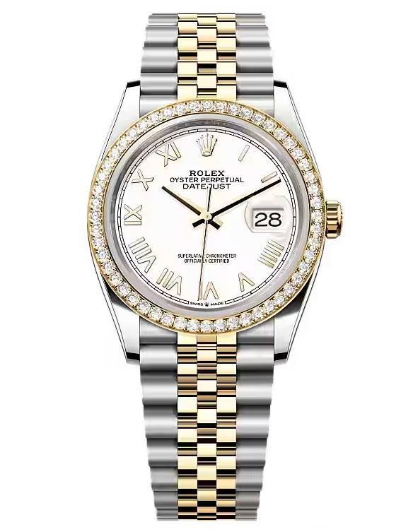 Rolex Datejust 36 Two-Tone Yellow Gold White Roman Dial Diamond Bezel Jubilee