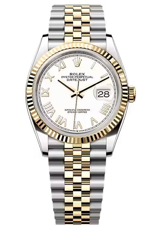 Rolex Datejust 36 Two-Tone Yellow Gold White Roman Dial Fluted Bezel Jubilee