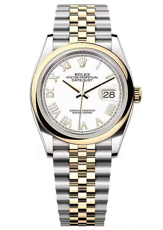 Rolex Datejust 36 Two-Tone Yellow Gold White Roman Dial Smooth Bezel Jubilee