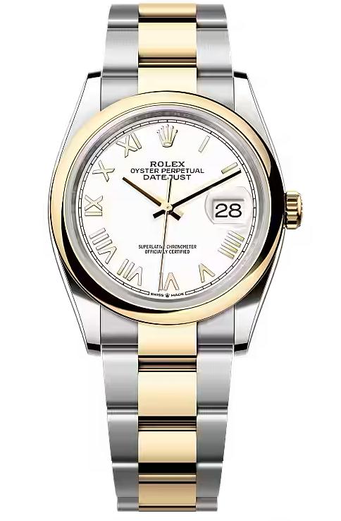 Rolex Datejust 36 Two-Tone Yellow Gold White Roman Dial Smooth Bezel Oyster