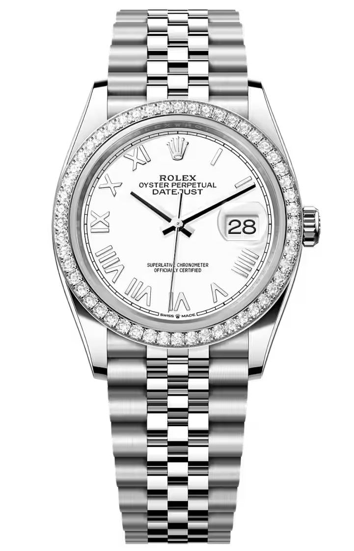Rolex Datejust 36 White Roman Dial Diamond Bezel Jubilee Bracelet 126284RBR