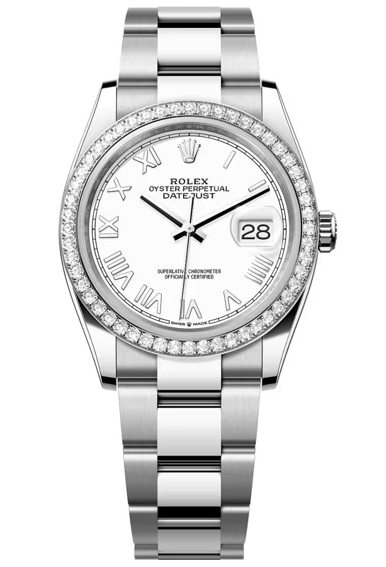Rolex Datejust 36 White Roman Dial Diamond Bezel Oyster Bracelet 126284RBR – New