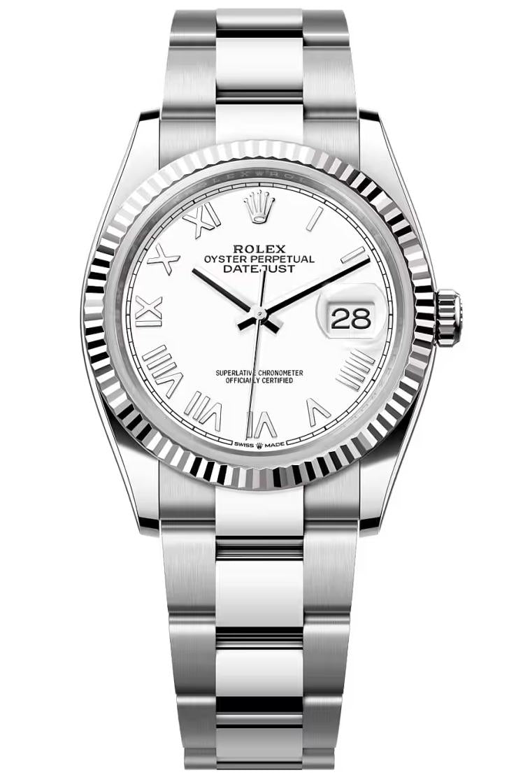 Rolex Datejust 36mm White Roman Dial Fluted Bezel Oyster Bracelet 126234