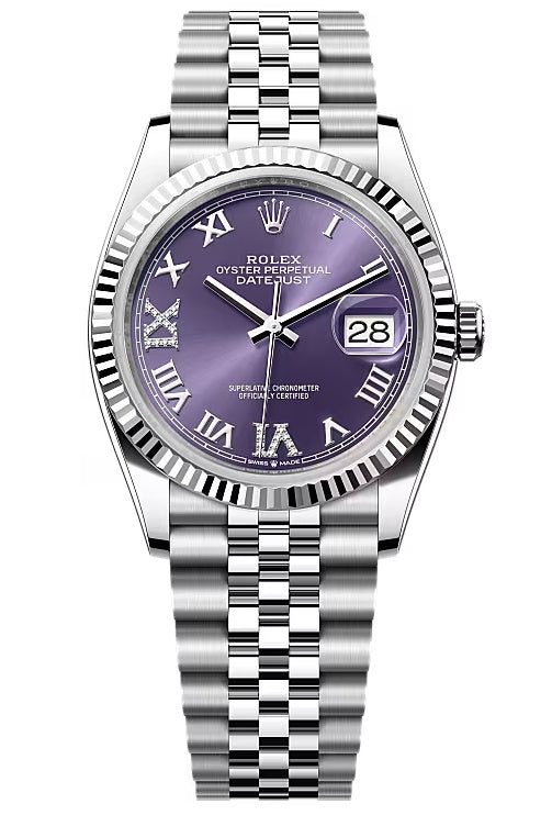 Rolex Datejust 36mm Aubergine Roman Diamond Dial Fluted Bezel Jubilee Bracelet