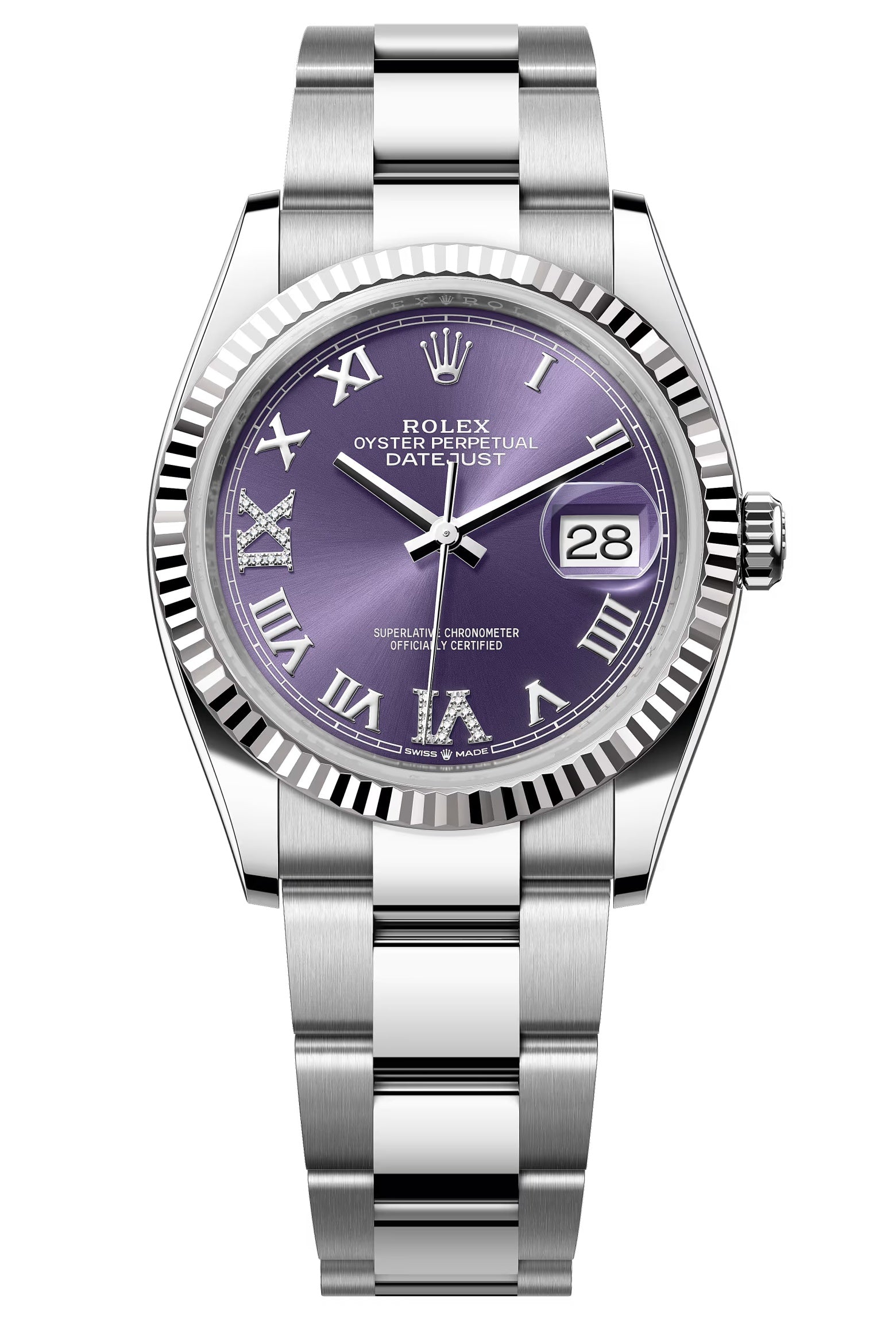 Rolex Datejust 36mm Aubergine Roman Diamond Dial Fluted Bezel Oyster Bracelet