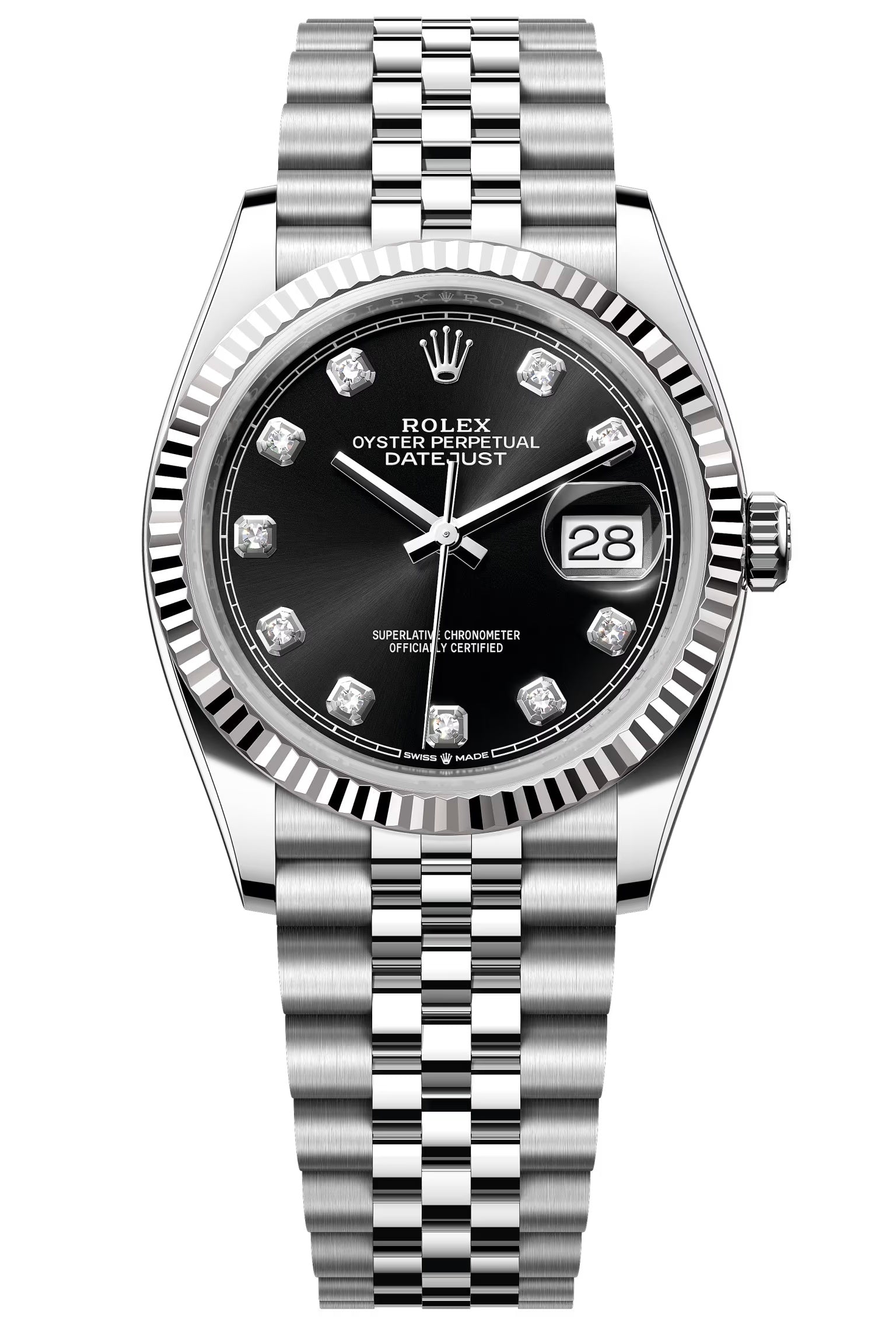 Rolex Datejust 36mm Black Diamond Dial Fluted Bezel Jubilee Bracelet 126234