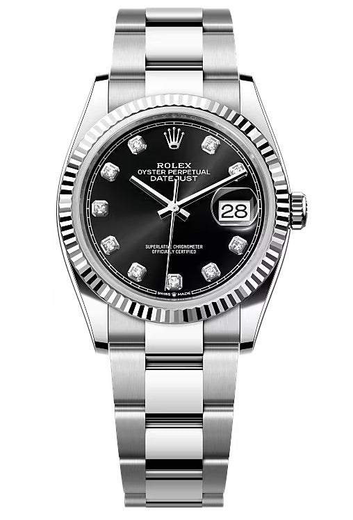 Rolex Datejust 36mm Black Diamond Dial Fluted Bezel Oyster Bracelet 126234