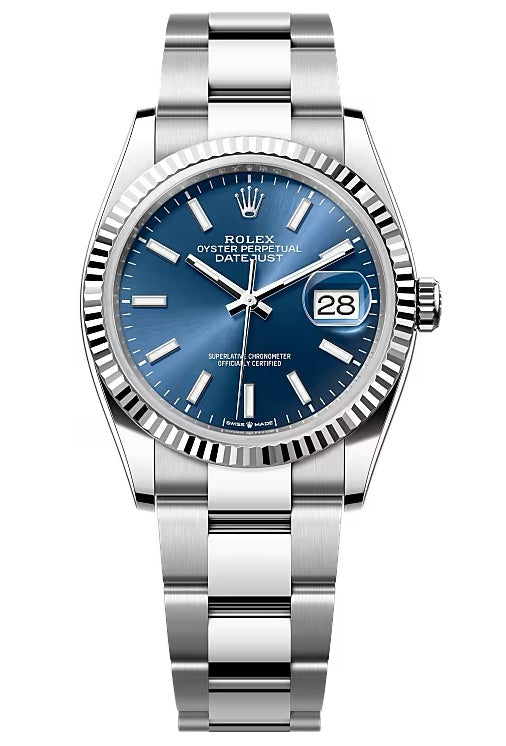 Rolex Datejust 36mm Blue Index Dial Fluted Bezel Oyster Bracelet 126234