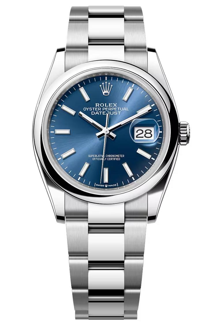 Rolex Datejust 36mm Blue Index Dial Smooth Bezel Oyster Bracelet 126200 – New