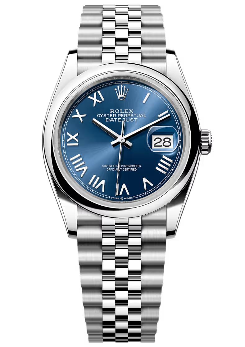 Rolex Datejust 36mm Blue Roman Dial Smooth Bezel Jubilee Bracelet 126200