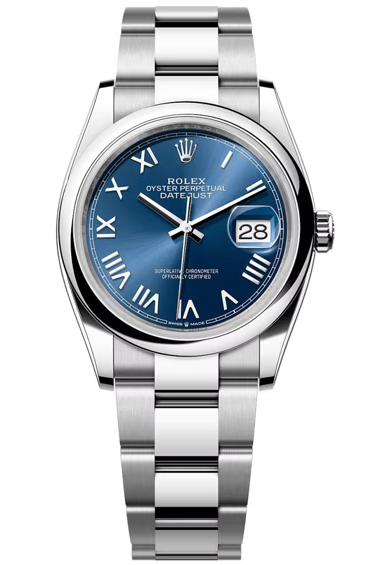 Rolex Datejust 36mm Blue Roman Dial Smooth Bezel Oyster Bracelet 126200
