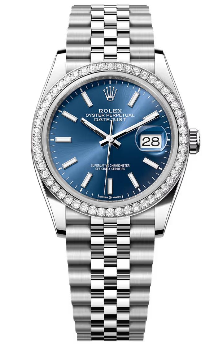 Rolex Datejust 36 Bright Blue Index Dial Diamond Bezel Jubilee Bracelet