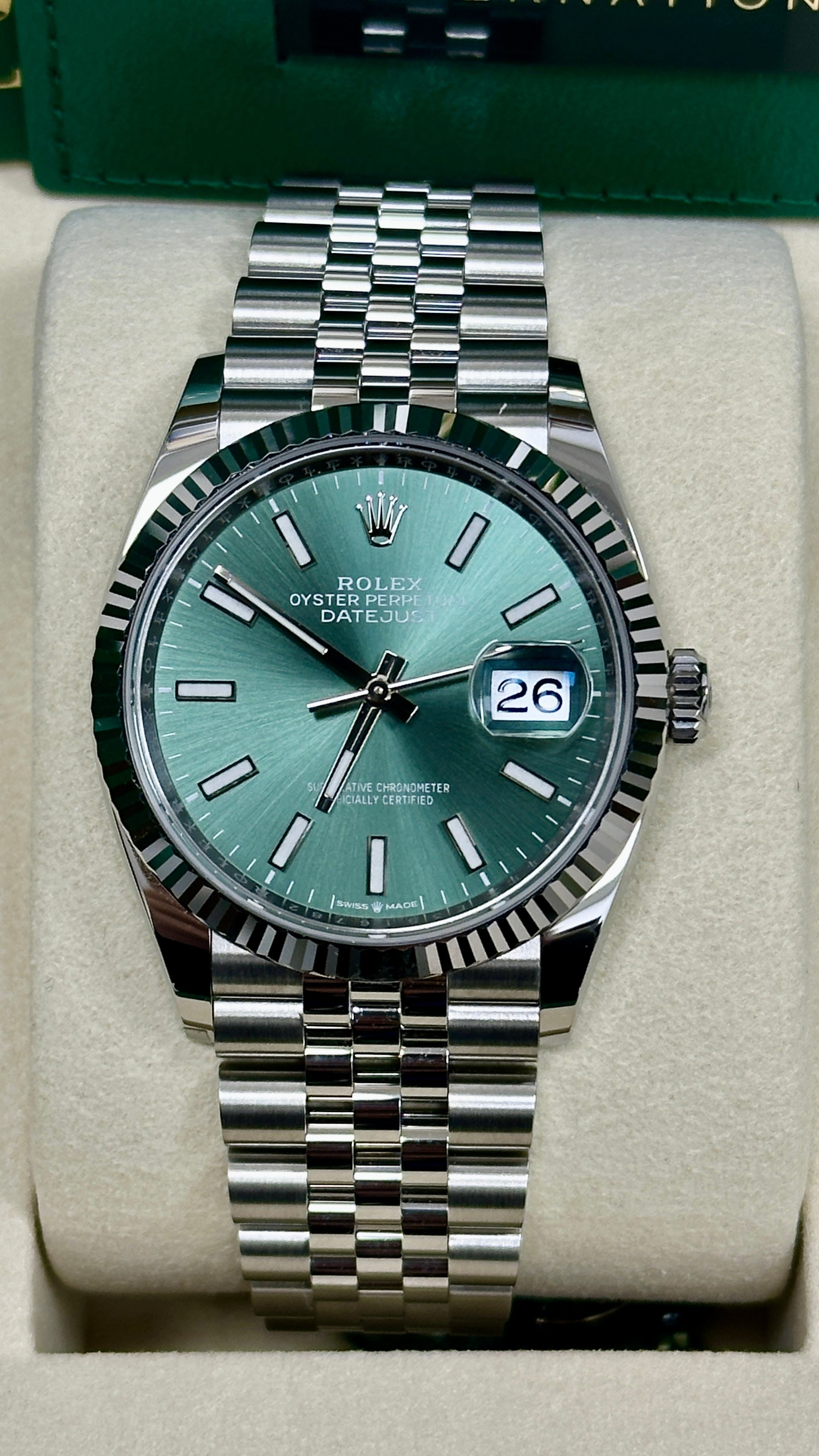 Rolex Datejust 36mm Green Index Dial Fluted Bezel Jubilee Bracelet 126234