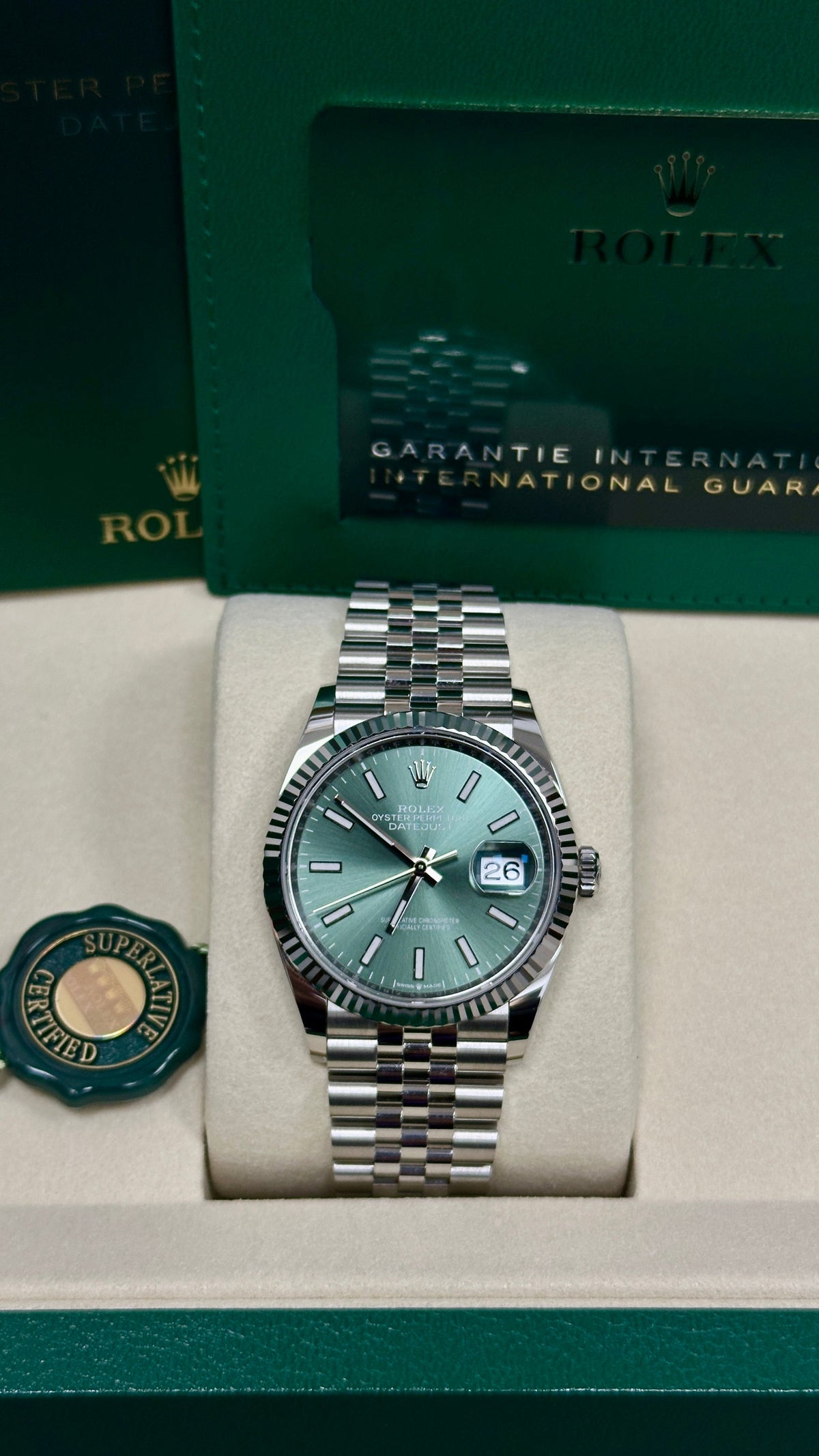 Rolex Datejust 36mm Green Index Dial Fluted Bezel Jubilee Bracelet 126234