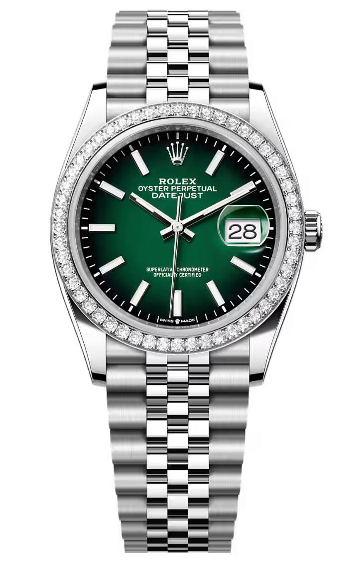 Rolex Datejust 36 Green Ombre Index Dial Diamond Bezel Jubilee Bracelet