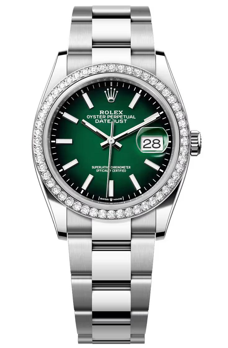 Rolex Datejust 36 Green Ombre Index Dial Diamond Bezel Oyster Bracelet 126284RBR