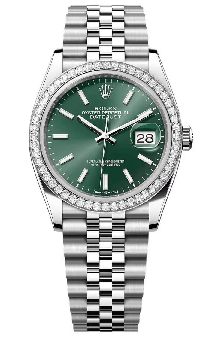 Rolex Datejust 36 Mint Green Index Dial Diamond Bezel Jubilee Bracelet