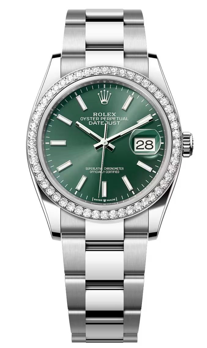 Rolex Datejust 36 Mint Green Index Dial Diamond Bezel Oyster Bracelet 126284RBR