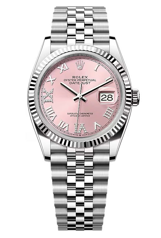 Rolex Datejust 36mm Pink Roman Diamond Dial Fluted Bezel Jubilee Bracelet
