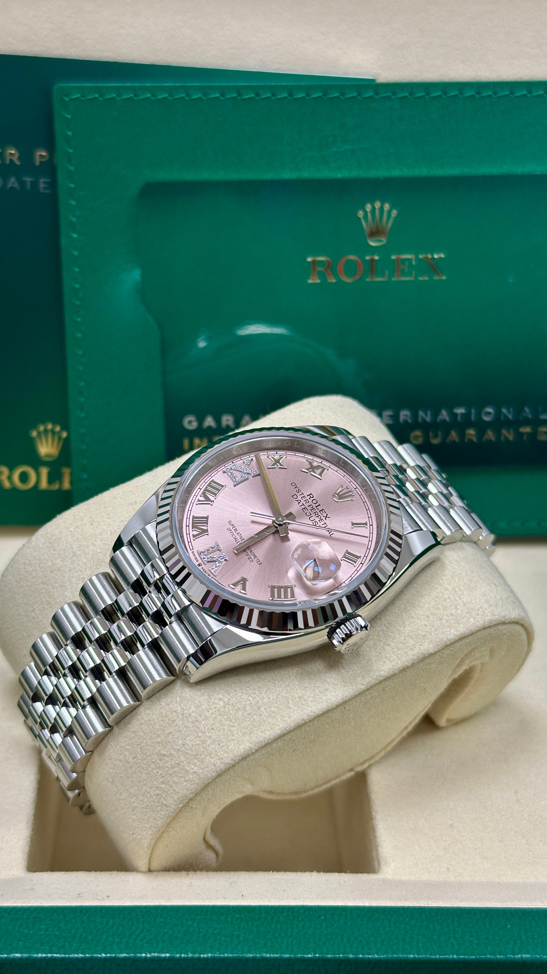 Rolex Datejust 36mm Pink Roman Diamond Dial Fluted Bezel Jubilee Bracelet