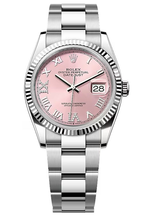 Rolex Datejust 36mm Pink Roman Diamond Dial Fluted Bezel Oyster Bracelet 126234