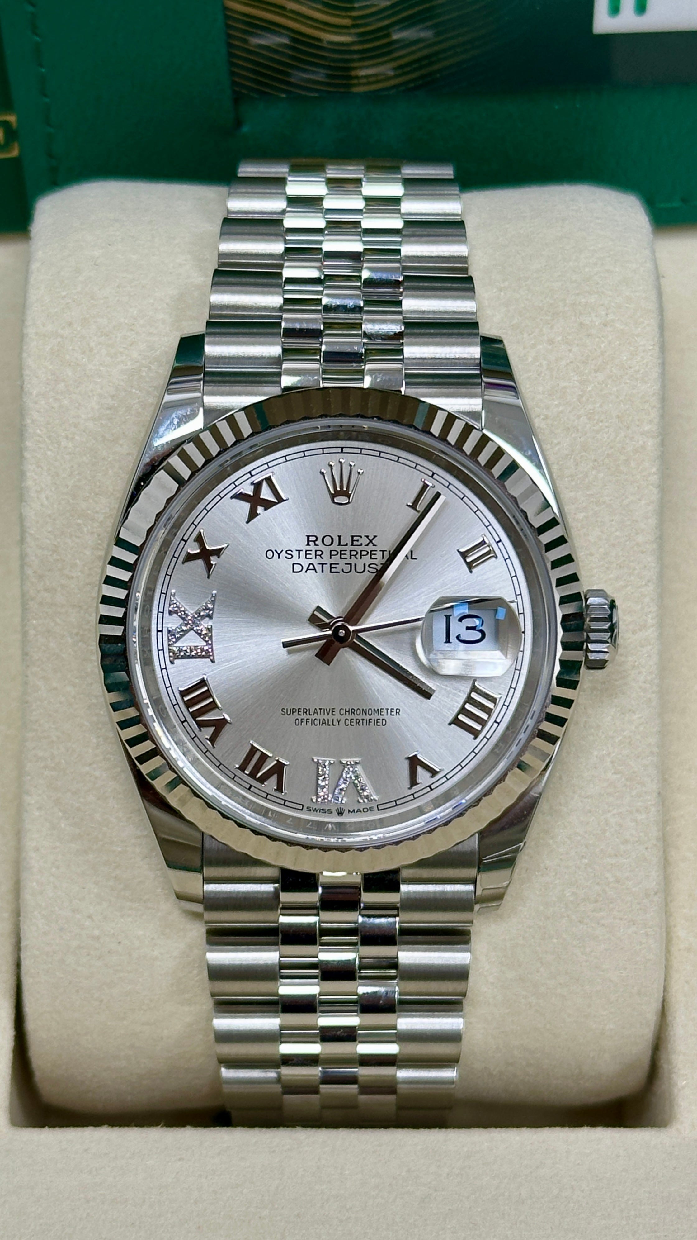 Rolex Datejust 36mm Silver Roman Diamond Dial Fluted Bezel Jubilee Bracelet