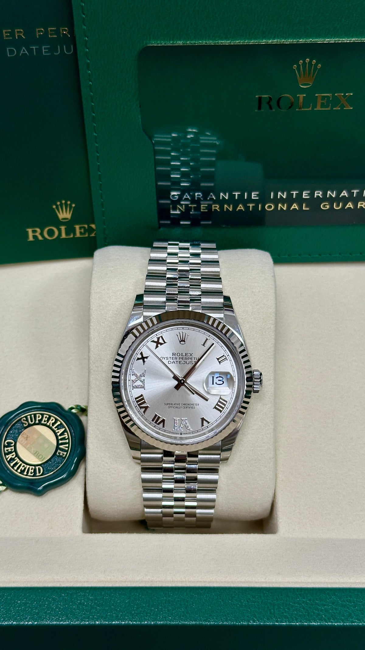 Rolex Datejust 36mm Silver Roman Diamond Dial Fluted Bezel Jubilee Bracelet
