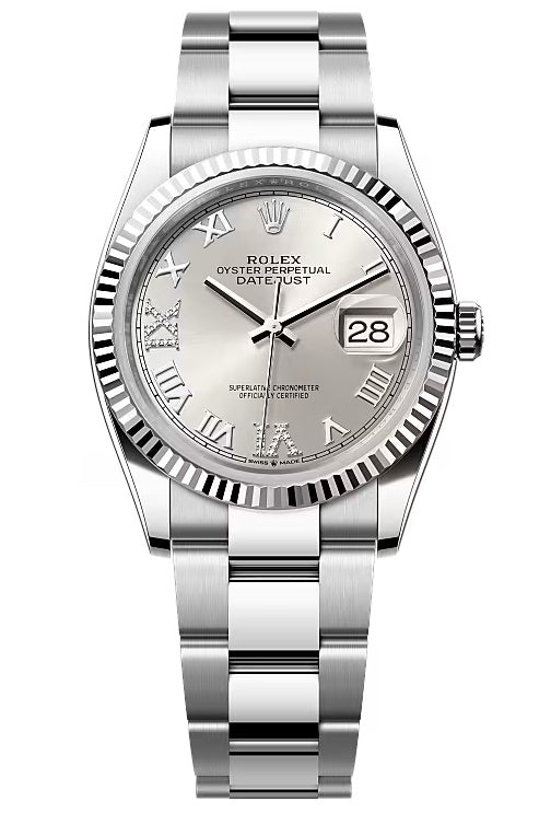 Rolex Datejust 36mm Silver Roman Diamond Dial Fluted Bezel Oyster Bracelet