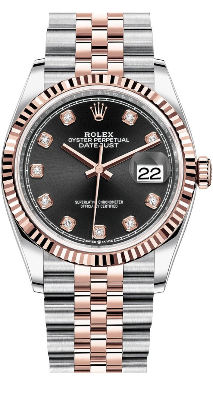 Rolex Datejust 36mm Two-Tone Everose Gold Black Diamond Dial Fluted Bezel