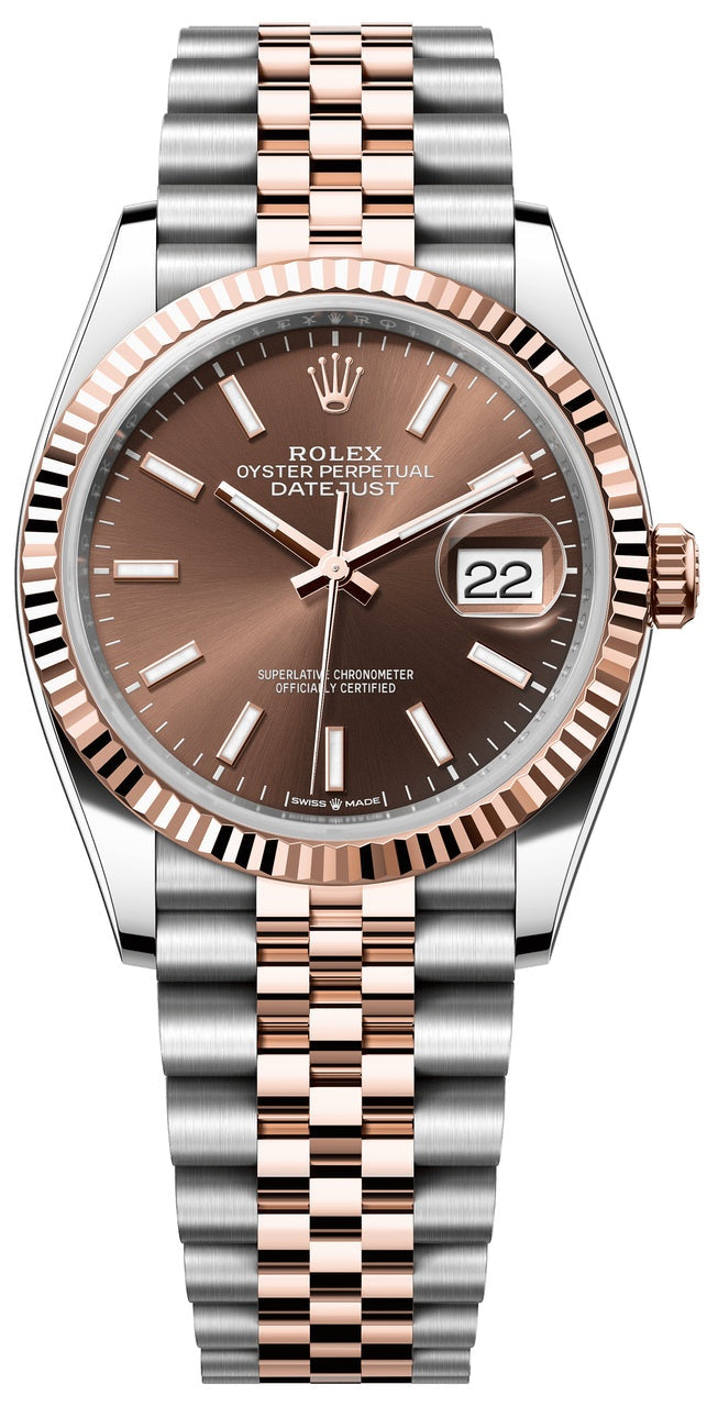 Rolex Datejust 36mm Two-Tone Everose Gold Chocolate Index Dial Fluted Bezel