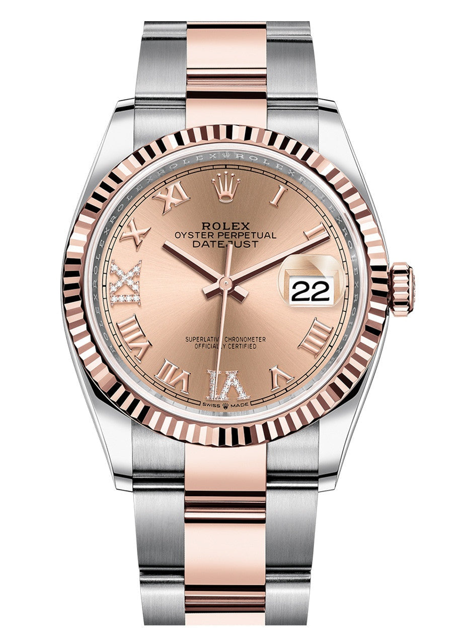 Rolex Datejust 36mm Two-Tone Everose Gold Pink Rose Roman Dial Fluted Bezel