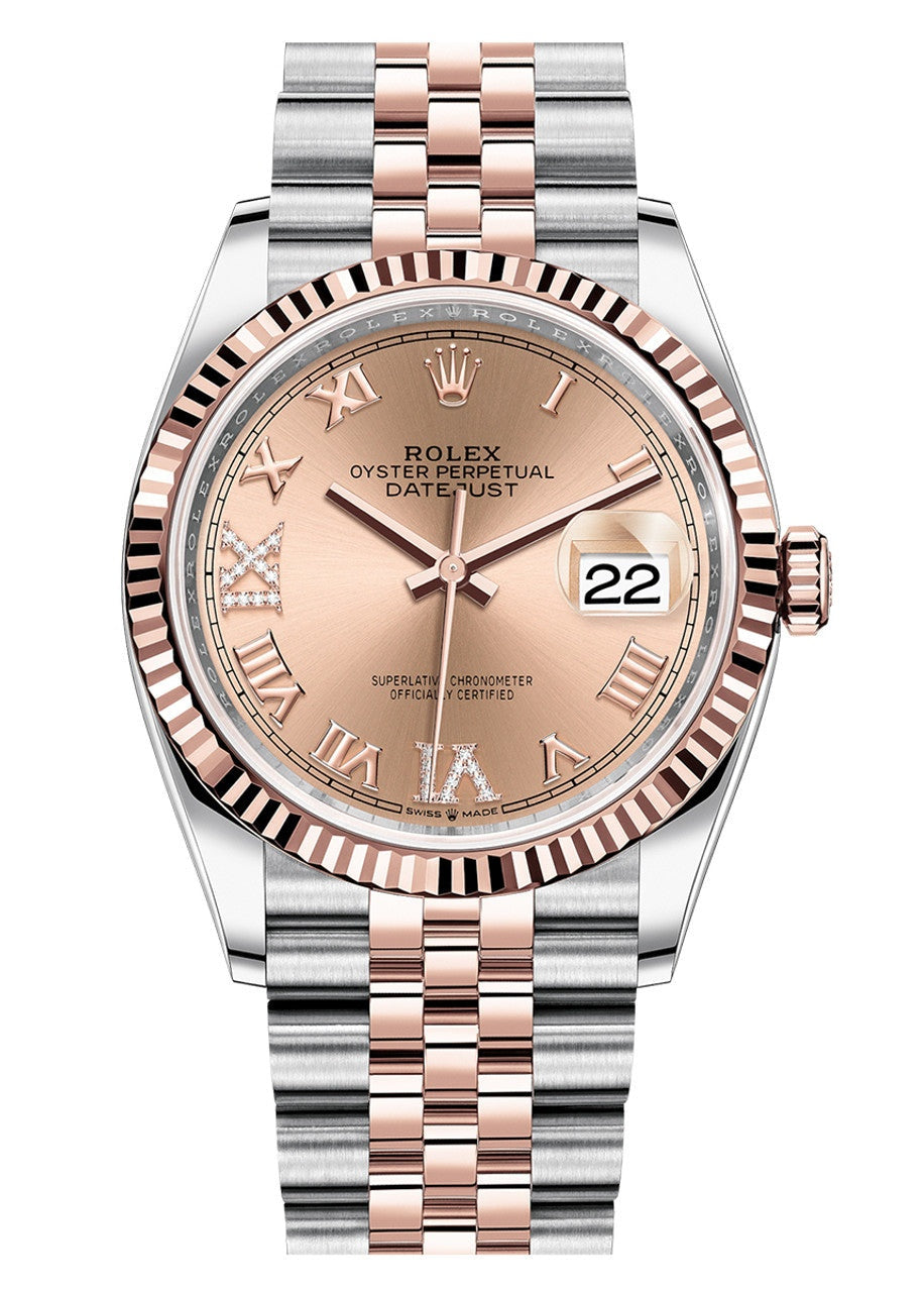 Rolex Datejust 36mm Two-Tone Everose Gold Pink Rose Roman Dial Fluted Bezel