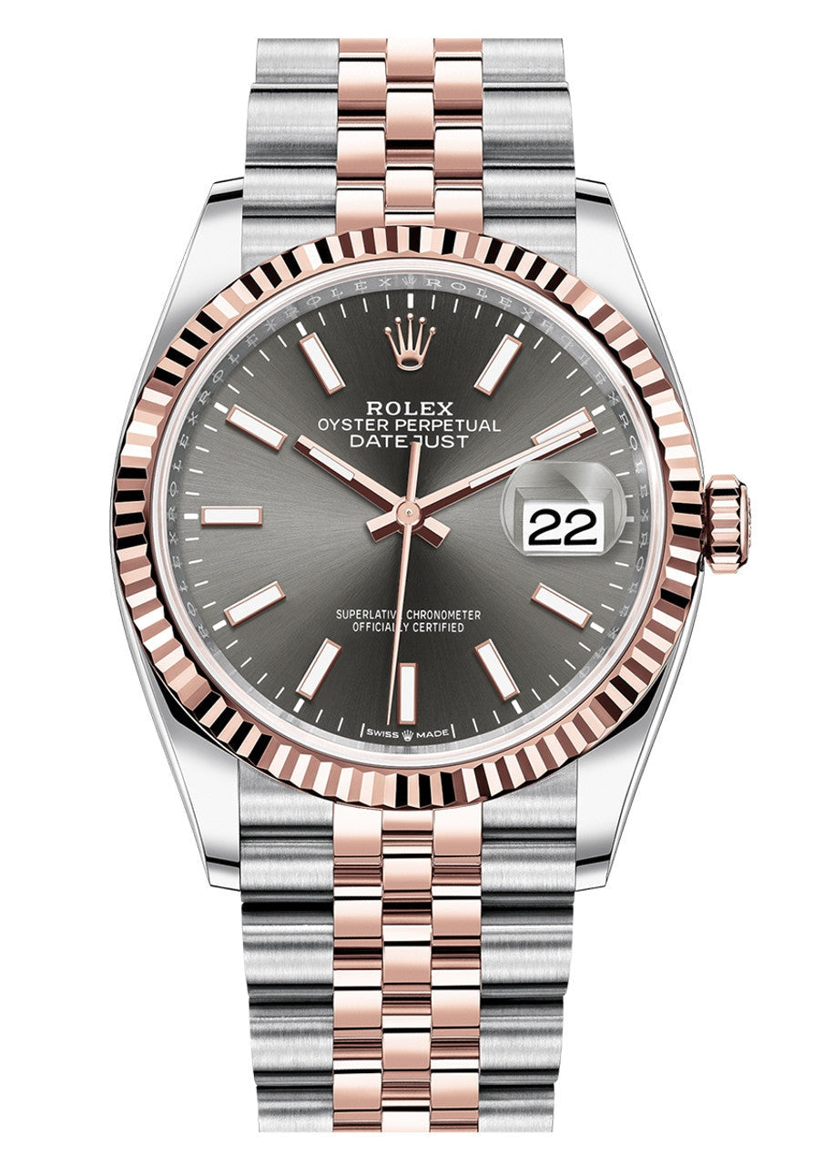 Rolex Datejust 36mm Two-Tone Everose Gold Slate Index Dial Fluted Bezel Jubilee