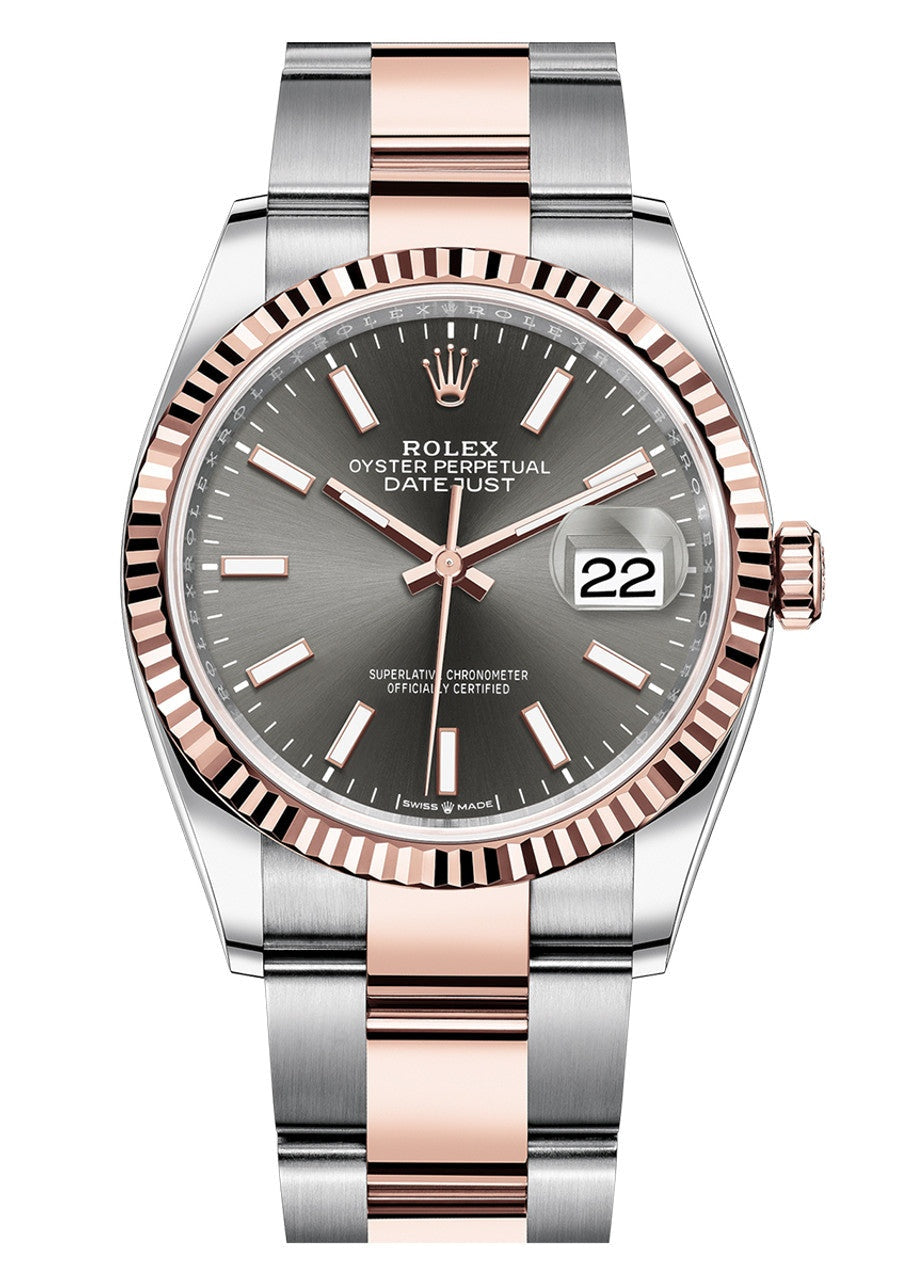 Rolex Datejust 36mm Two-Tone Everose Gold Slate Index Dial Fluted Bezel Oyster