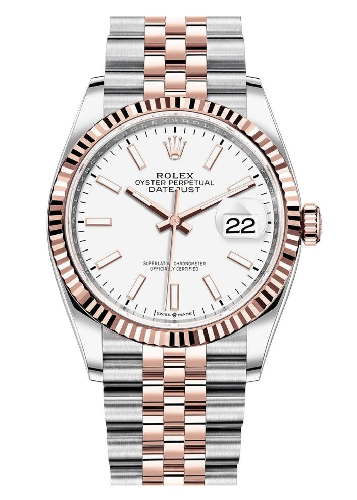 Rolex Datejust 36mm Two-Tone Everose Gold White Index Dial Fluted Bezel Jubilee