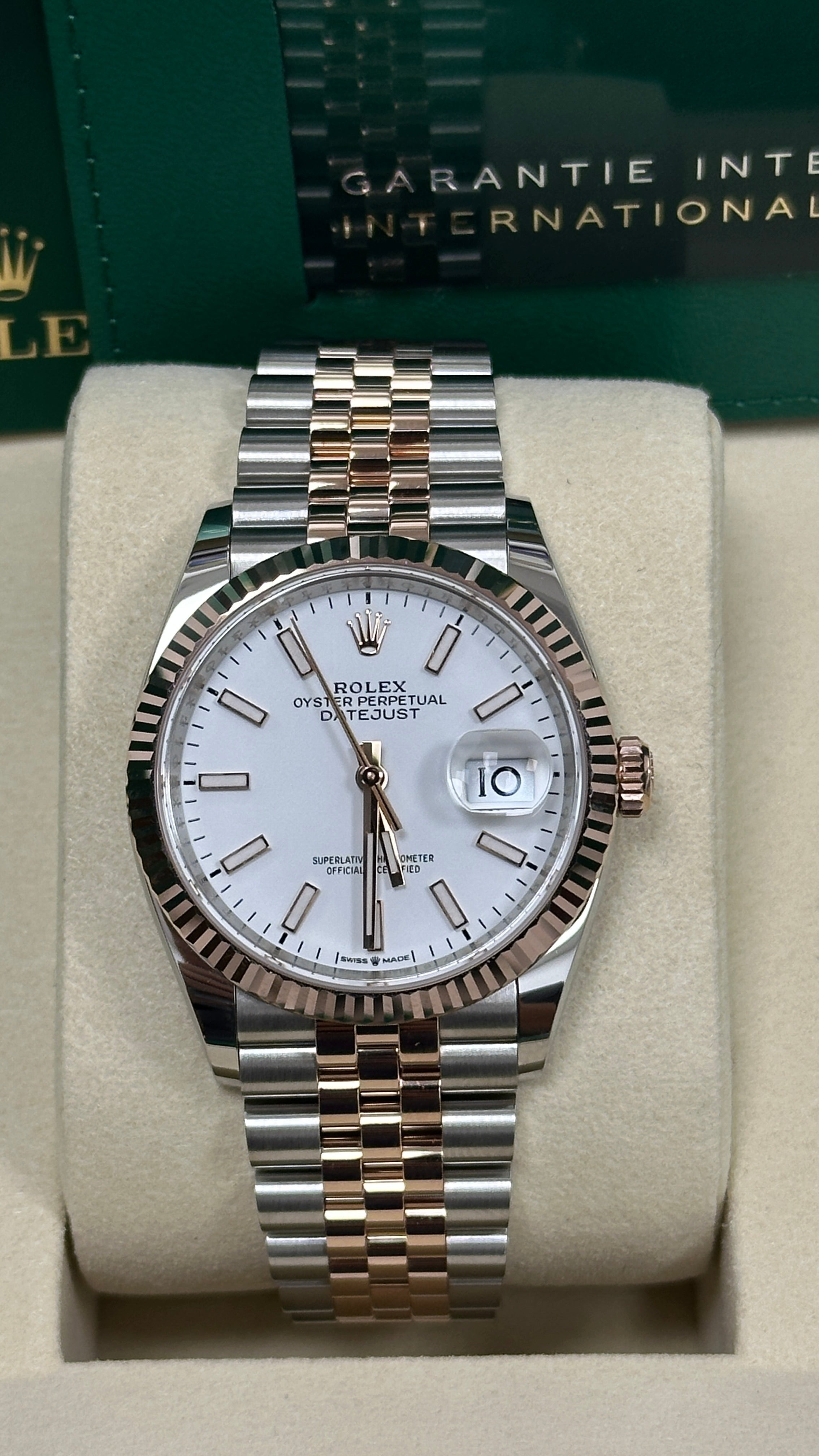 Rolex Datejust 36mm Two-Tone Everose Gold White Index Dial Fluted Bezel Jubilee