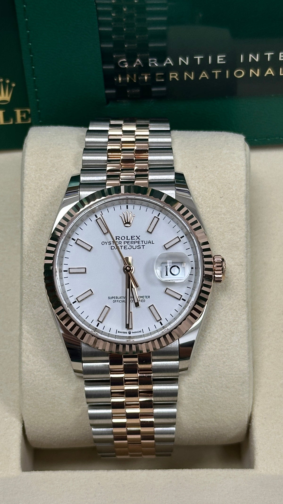 Rolex Datejust 36mm Two-Tone Everose Gold White Index Dial Fluted Bezel Jubilee